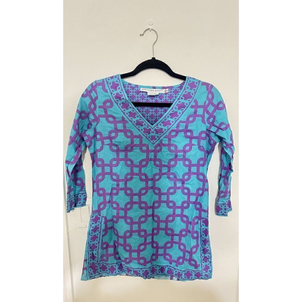Gretchen Scott Tunic Blue Purple Geometric 3/4 Sleeve V-Neck Blouse Wmns Sz S